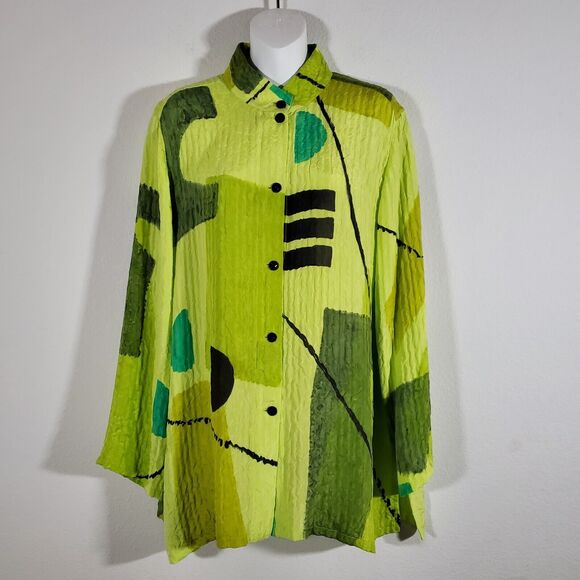 Alexis Abrams Tunic Top Large Green Handpainted Crinkle Silk Artwear Artsy Boho - Picture 1 of 12
